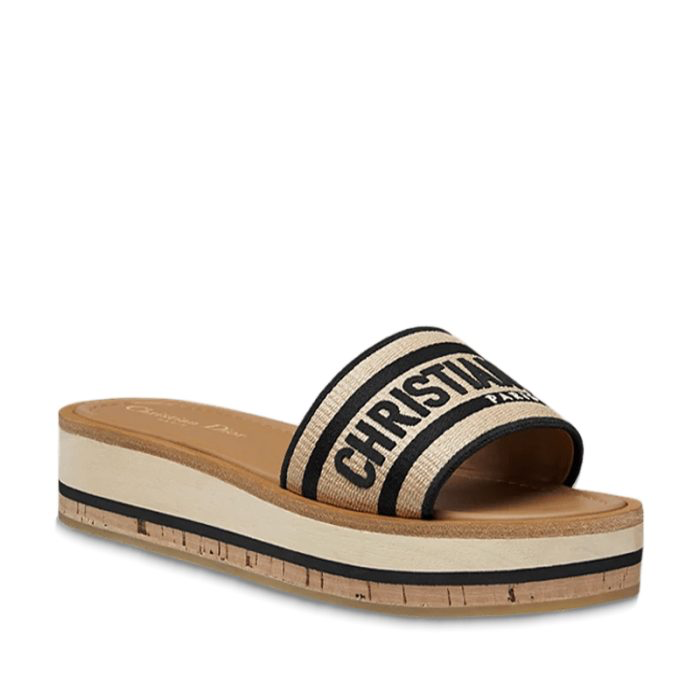 Dior Dway Platform Slide Natural Raffia And Black Embroidered Cotton