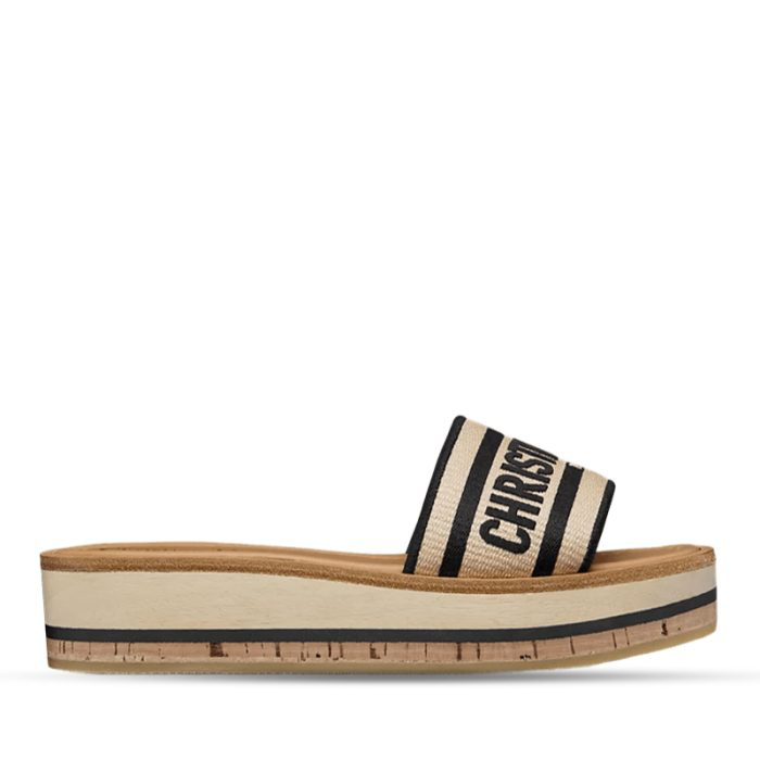 Dior Dway Platform Slide Natural Raffia And Black Embroidered Cotton
