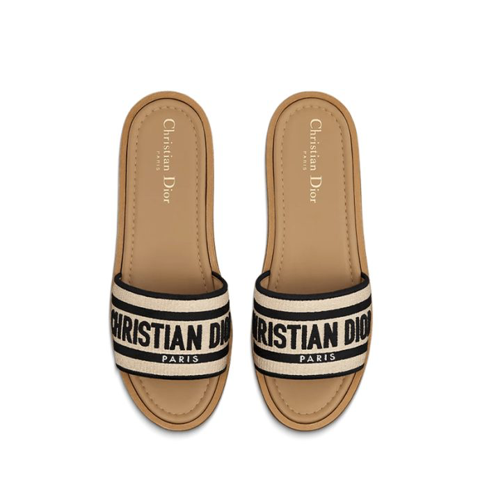 Dior Dway Platform Slide Natural Raffia And Black Embroidered Cotton